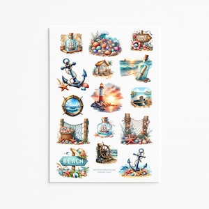 Nautische strandstickers, strandleven, vakantiestickers, oceaanstickers, kust, zomerse sfeer, zee, mariene stickers, schelpsticker, schelp