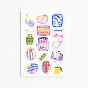 May include: A colourful illustration of various seafood items, including sardines, anchovies, oysters, olives, and a lobster. The artwork is presented in a playful style with a white background. The image is a charming representation of a food-themed design.