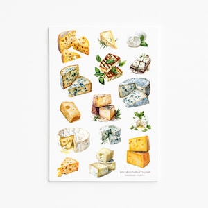Stickerset ambachtelijke kaas: gastronomische kaasillustraties voor fijnproevers, keukendecoratie en planners