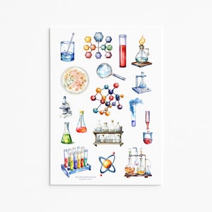 May include: Watercolor illustration of various science lab equipment, including beakers, test tubes, microscopes, and molecular models. The image features a variety of colors and is set against a white background. The overall theme is science and education.