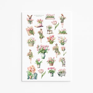 Stickers fleurs tulipes | Autocollants floraux printaniers en vinyle | Autocollants de jardinage | Feuille d'autocollants fleurs mignonnes | Stickers amoureux des plantes