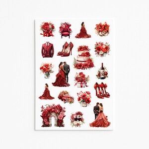 Foglio di adesivi per matrimonio rosso, adesivi per fidanzamento, adesivi per sposa e sposo, adesivi per planner, adesivi per diario, adesivi per bullet journal