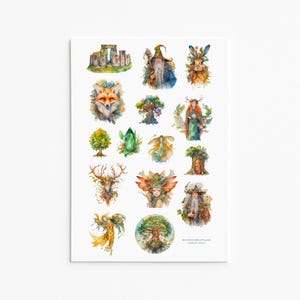 Stickerset betoverd bos: magische natuurstickers met bosgeesten, mythische wezens en kristalaccenten