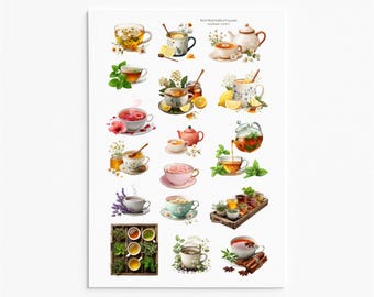 Könnte beinhalten: Ein Aufkleberbogen mit verschiedenen Aquarellillustrationen rund um das Thema Tee, darunter verschiedene Teetassen, Teekannen, Honiglöffel, Zitronenscheiben, frische Kräuter und Zimtstangen. Die Motive zeigen diverse Teezubereitungen.