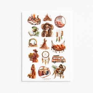 Pack d'autocollants esthétiques bohèmes : attrape-rêves, autocollants Van Life et vinyle Crystal pour journal, agenda, scrapbooking, ambiance Cottagecore