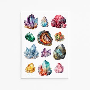 Juego de pegatinas de piedras preciosas de cristal / Pegatinas de vinilo con gemas y minerales de acuarela vibrantes para planificadores, álbumes de recortes, diarios y manualidades