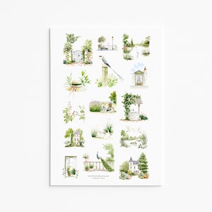 Frans platteland stickervel tuin landschap raam vogelhuis elegante natuur stickers voor dagboek plakboekplanner