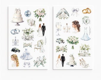 May include: Two sheets of wedding-themed stickers featuring watercolor illustrations of tiered cakes, bouquets, wedding rings, champagne flutes, vintage cars, doves, bridal gowns, suits, chairs, and portraits of individuals in white and neutral tones.