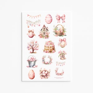 Pastelroze paasstickers – bloemeneieren, cottage house en lentetulpen