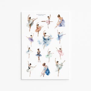 Puede incluir: Una hoja de pegatinas con múltiples ilustraciones en acuarela de bailarines de ballet en varias poses y tutús coloridos, incluyendo tonos de azul, rosa y blanco. El texto best4ustudio.etsy.com handmade stickers está impreso en la parte superior.