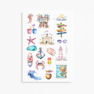 Hoja de pegatinas con ambiente playero: pegatinas con temática oceánica de verano para diarios, scrapbooking y decoración de agendas.