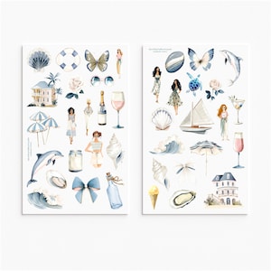 Kust zomer sticker set strand huis zee leven elegante mode meisjes nautische oceaan schelpen planner plakboek esthetiek
