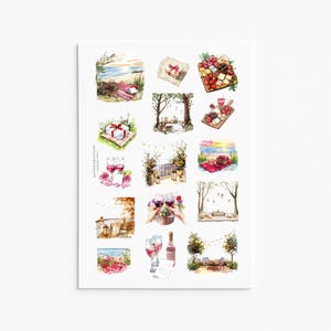 May include: A sticker sheet featuring various watercolor illustrations of romantic picnic scenes, wine glasses, charcuterie boards, gift boxes with red ribbons, and outdoor settings with string lights, all arranged on a white background.