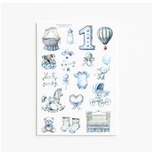 Feuille d'autocollants pour le premier anniversaire de bébé garçon – icônes bleues de la chambre de bébé cheval à bascule grenouillère pour biberon, décoration de journal