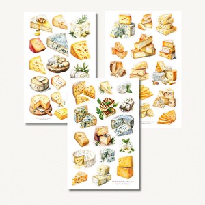 Käse-Stickerbogen mit Illustrationen für Journaling, Planer und Scrapbooking
