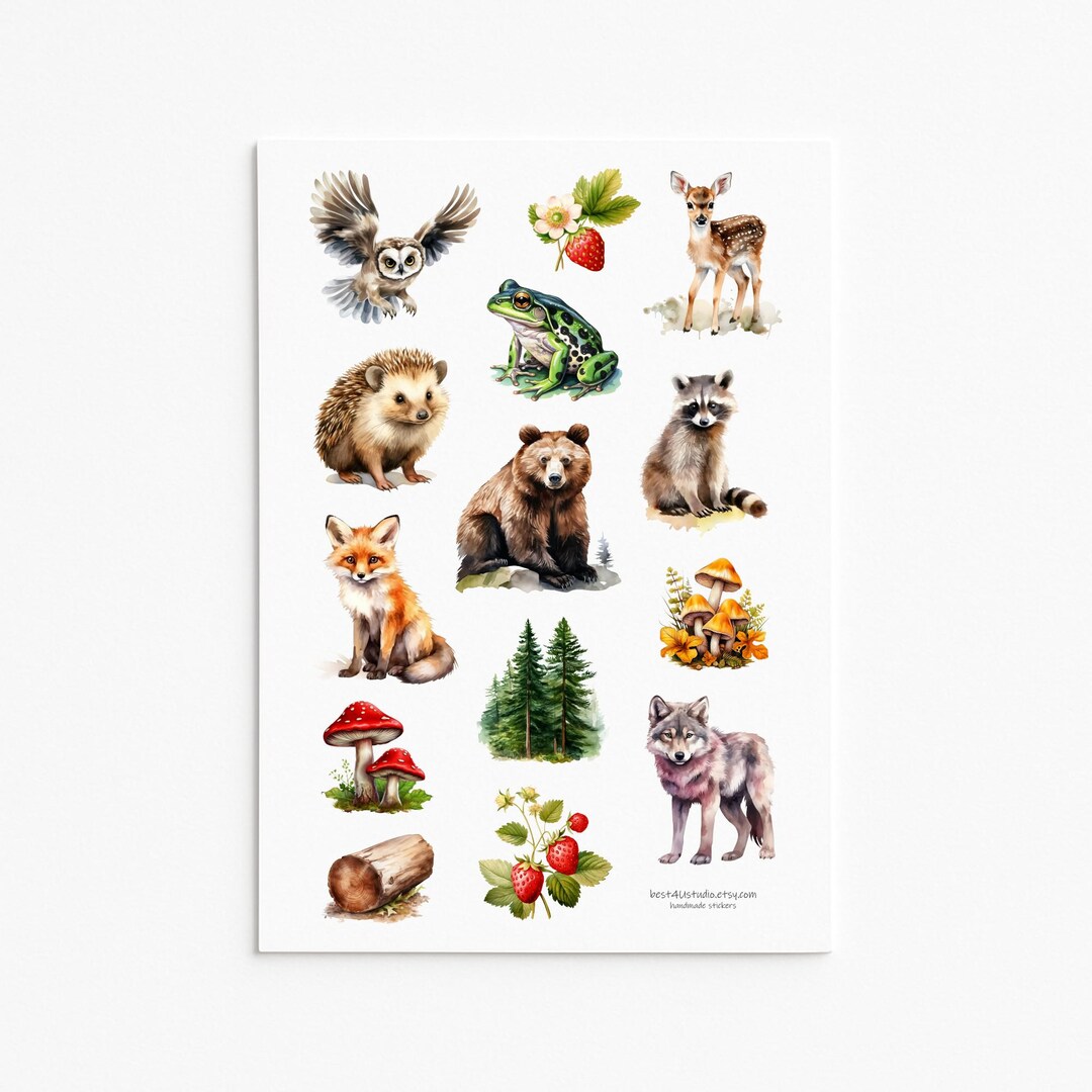 Forest Animals Sticker Sheet Woodland Creatures Mushrooms Strawberries ...