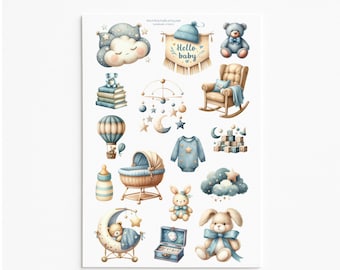 Blue Nursery Sticker Sheet: Watercolor Baby Theme Stickers