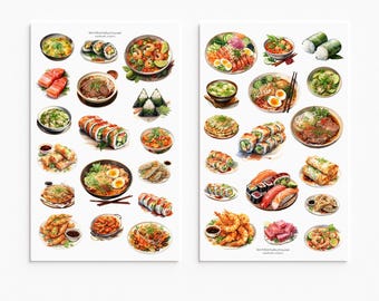 Pegatinas de comida asiática, ramen, sushi, dumplings, cocina coreana y japonesa.