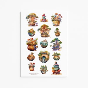 Magical Terrarium Sticker Set – Enchanted Forest Pots, Fantasy Bonsai Trees & Mushroom Gardens