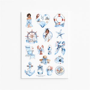 Puede incluir: Una hoja de pegatinas con ilustraciones en acuarela de temática náutica, que incluye una persona con vestido azul, un collage en forma de corazón, un salvavidas, un timón, una estrella de mar, una silla de playa, una langosta, un farol, un pañuelo, un sombrero, una cámara, un ancla, una botella, una cesta y un plato de ostras.