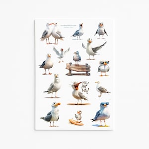 Zeemeeuwstickers, strandstickers, kuststickers, grappige vogelstickers, oceaanstickers, kuststickers, vogelstickers, zeevogelstickers