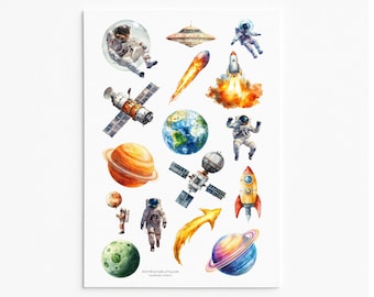 Hoja de pegatinas espaciales con astronautas, cohetes, planetas y ovnis para diarios, planificadores y manualidades.