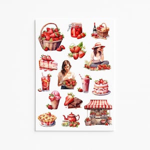 Aardbeienstickers, dessertstickers, fruitdecorstickers, aardbeienmand, aardbeiliefde, plannerstickers, Bullet Journal-sticker