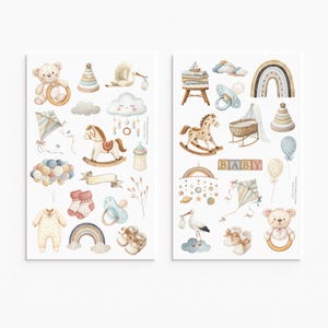 Ensemble de feuilles d'autocollants neutres pour bébé - beige pour chambre de bébé, sucette arc-en-ciel, journal et agenda mobiles pour décoration