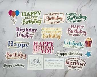 May include: A set of 12 colorful birthday greeting stickers with various designs and phrases, including "Happy Birthday", "Birthday Wishes", "Celebrate Your Special Day", and "Birthday Greetings".