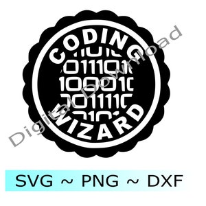 Puede incluir: Dise&ntilde;o circular en blanco y negro con el texto "Coding Wizard" y c&oacute;digo binario en su interior.