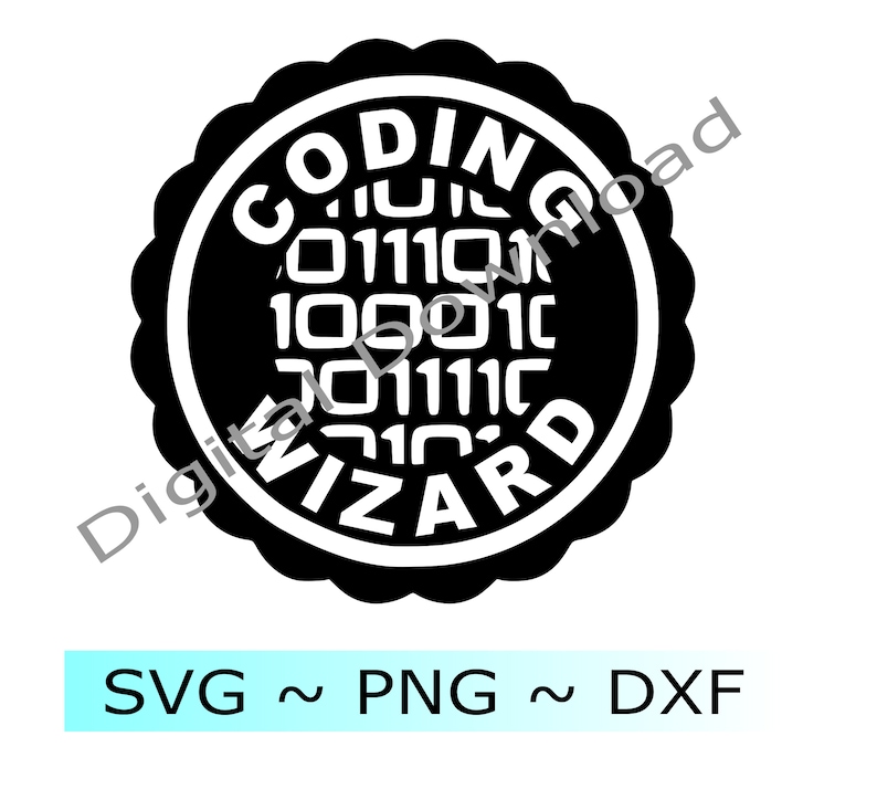 Puede incluir: Dise&ntilde;o circular en blanco y negro con el texto "Coding Wizard" y c&oacute;digo binario en su interior.