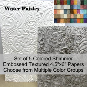 Deep Embossed Card Fronts -  Set of 5 Handmade Papers - Water Paisley - White or Shimmer Sprays - Watercolor Cardstock - 4.5&quot;x 6&quot;