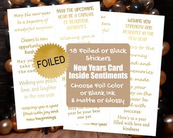 New Years Card Sentiment Foil Stickers - New Year Greetings - Card Greeting Sticker Card Inserts - Foil or Black Ink [Physical}