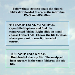 Może przedstawiać: Instrukcje dotyczące rozpakowywania pobranego z Internetu folderu zip, aby uzyskać dostęp do poszczeg&oacute;lnych plik&oacute;w PNG i JPG. Instrukcje dotyczą system&oacute;w operacyjnych Windows i Mac.