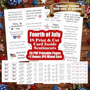 May include: A collection of printable Fourth of July sentiments and card designs. The image features patriotic phrases, stars, stripes, and the American flag. Includes 20 PDF pages and 2 bonus JPG mixed sets.
