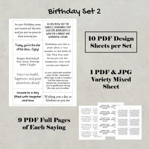 May include: A printable birthday card set with 10 different designs, each with a unique birthday message. The set includes 9 full pages of each saying and 1 PDF and JPG variety mixed sheet. The text on the image reads "Birthday Set 2".