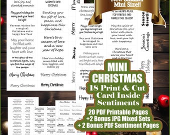 May include: A set of printable Christmas card sentiments with 18 different designs. The cards are mini-sized and feature a variety of festive messages. The text includes phrases like "Wishing you a season filled with love, joy, and cherished moments" and "May your holidays be merry and your heart be light".