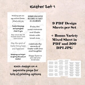 May include: Nine printable Easter greeting cards with different messages. The cards feature black text on a white background. The text includes phrases like "Wishing you an egg-cellent Easter", "Sending you Easter blessings as sweet as jellybeans", and "Hoppy Easter to you and your loved ones". The cards are part of an Easter set that includes a bonus variety mixed sheet in PDF and 300 DPI JPG.