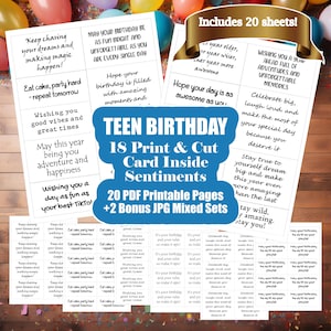 Sentimenti per biglietti di compleanno per adolescenti - Inserti per biglietti di auguri per giovani adulti - Sentimenti all'interno dei biglietti - Detti di compleanno - 20 pagine da stampare e tagliare