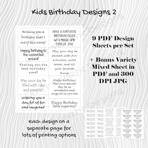 May include: Nine black and white printable birthday card designs for kids. Each design is on a separate page. The designs include phrases like "Happy Birthday to the coolest kid around!" and "Wishing you a day full of fun and laughter!" The text also says "9 PDF Design Sheets per Set + Bonus Variety Mixed Sheet in PDF and 300 DPI JPG".
