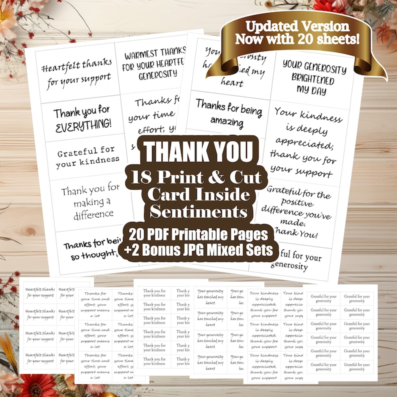 May include: A set of printable thank you cards with 18 different sentiments. The cards are designed to be printed and cut out, and they feature a variety of positive messages. The cards are perfect for expressing gratitude to friends, family, and colleagues.