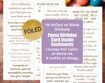 Funny Birthday Card Sentiment Stickers: Foil or Black Ink (18 Physical Stickers)