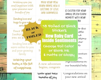 Baby Shower Card Sentiment Foil Stickers - New Baby Sticker Inserts - Time Saver for Welcome Baby or New Moms - Foil or Black Ink [Physical]