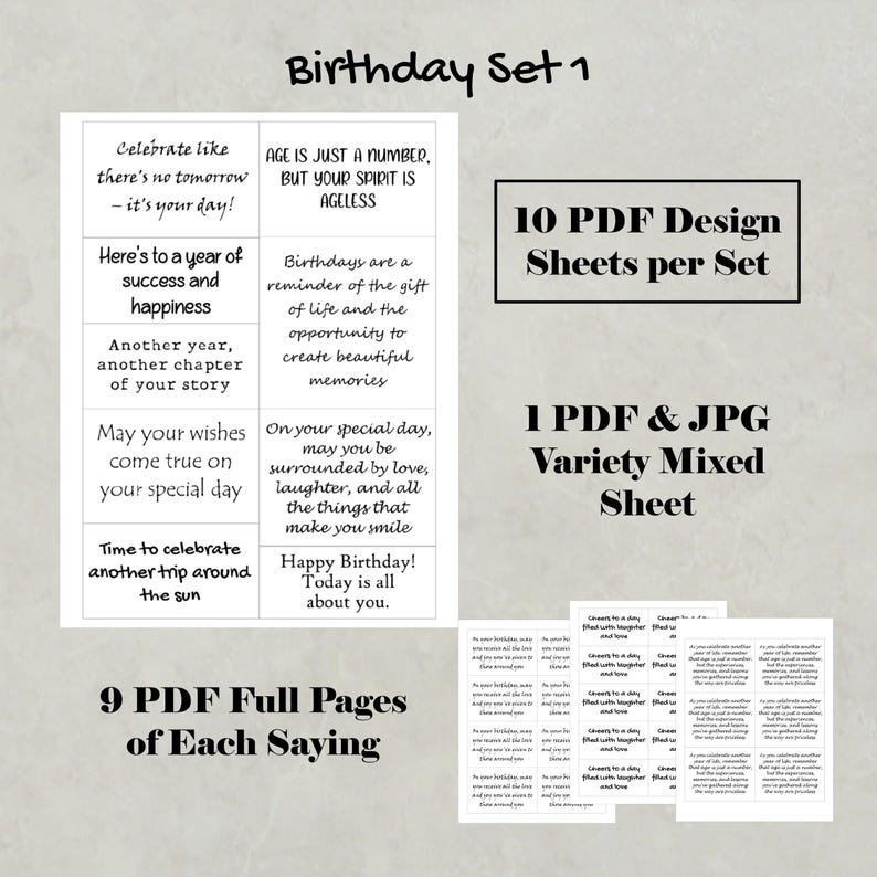 May include: A printable birthday card design set with 10 different PDF designs and 9 full pages of each saying. The set also includes a PDF and JPG variety mixed sheet. The text on the cards includes inspirational quotes about birthdays and aging.