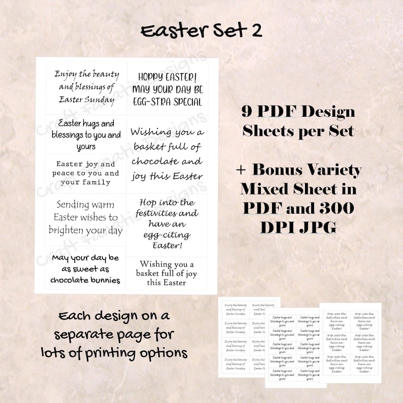 May include: A printable Easter set with nine different designs, each on a separate page. The designs feature Easter-themed messages and illustrations. The set also includes a bonus variety mixed sheet in PDF and 300 DPI JPG.
