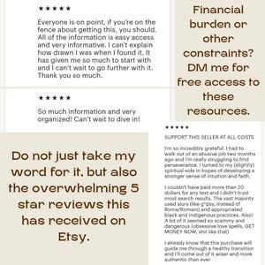 May include: Image featuring customer reviews with five-star ratings and text. The reviews praise the information's accessibility and organization. One section encourages potential buyers to consider the product, highlighting its positive reception on Etsy.