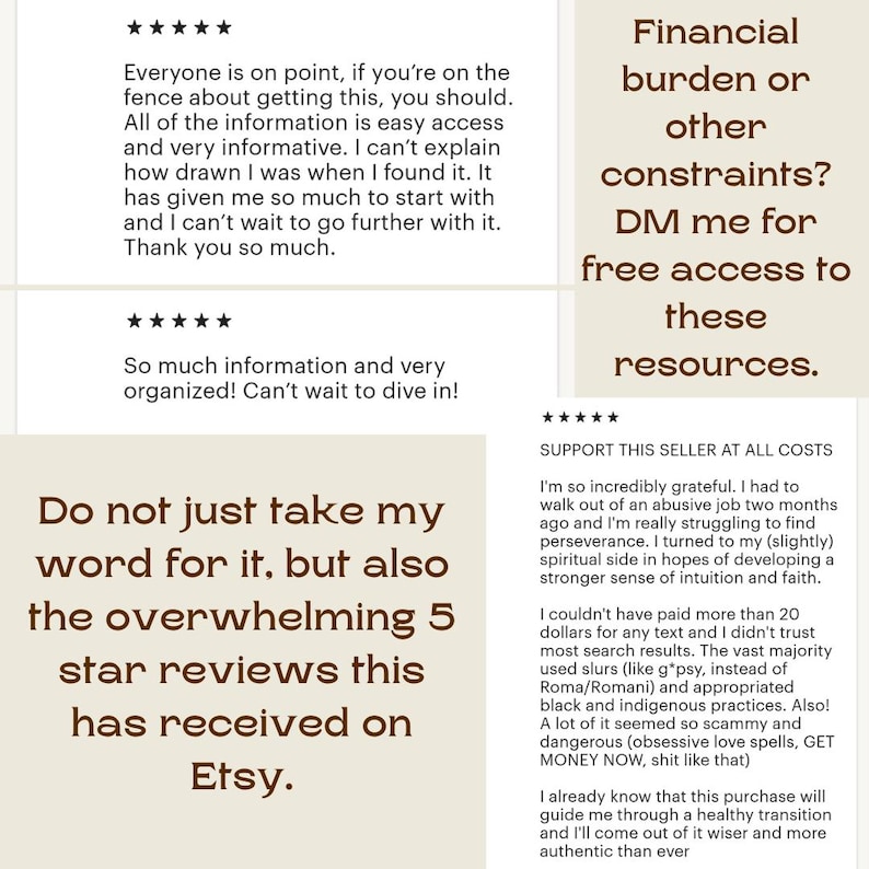 May include: Image featuring customer reviews with five-star ratings and text. The reviews praise the information's accessibility and organization. One section encourages potential buyers to consider the product, highlighting its positive reception on Etsy.