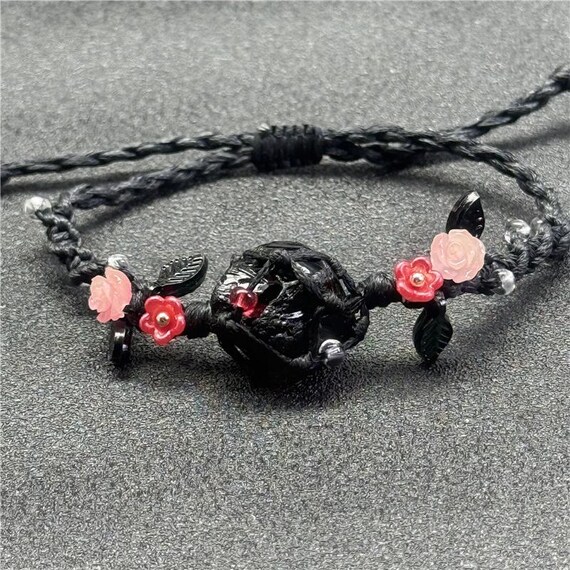 手編みの黒曜石ブレスレットまたはネックレス：ストーンアートフラワー