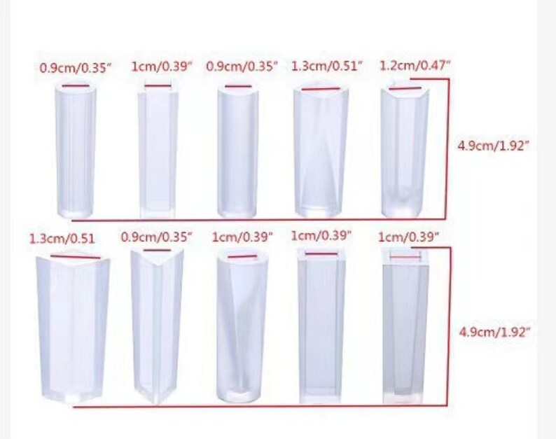 May include: Set of 10 clear plastic molds for making candles or soap. The molds are rectangular and come in various sizes, ranging from 0.9 inches to 1.3 inches in width and 4.9 inches in height.