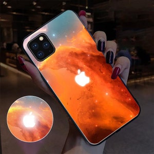 Geluidsritme controle 7 kleuren LED telefoon logo case compatibel met iPhone 6-13 Led Flash, Full Body Protection LED gehard glas case